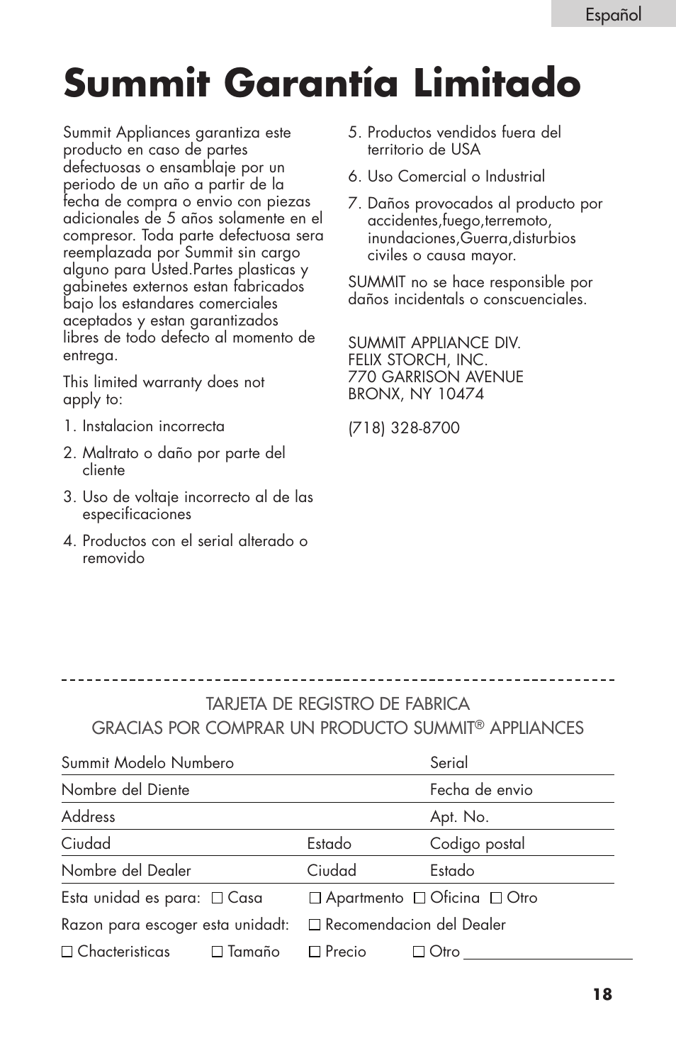 Summit garantía limitado | Summit FF1074 User Manual | Page 55 / 56