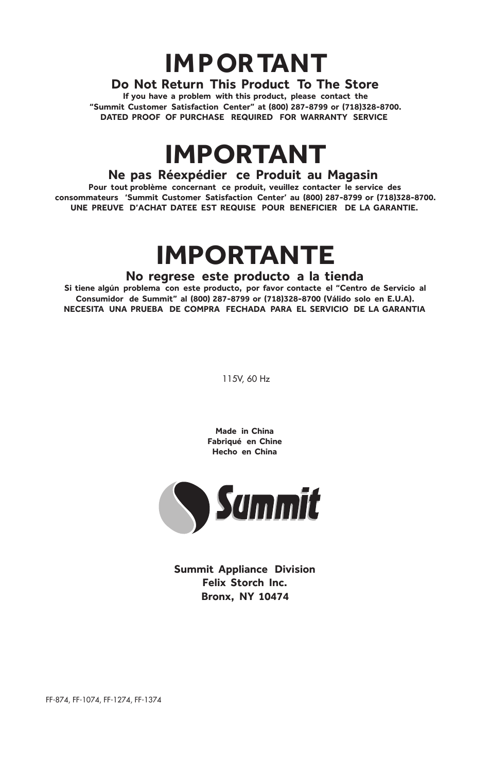 Important, Importante | Summit FF1074 User Manual | Page 56 / 56