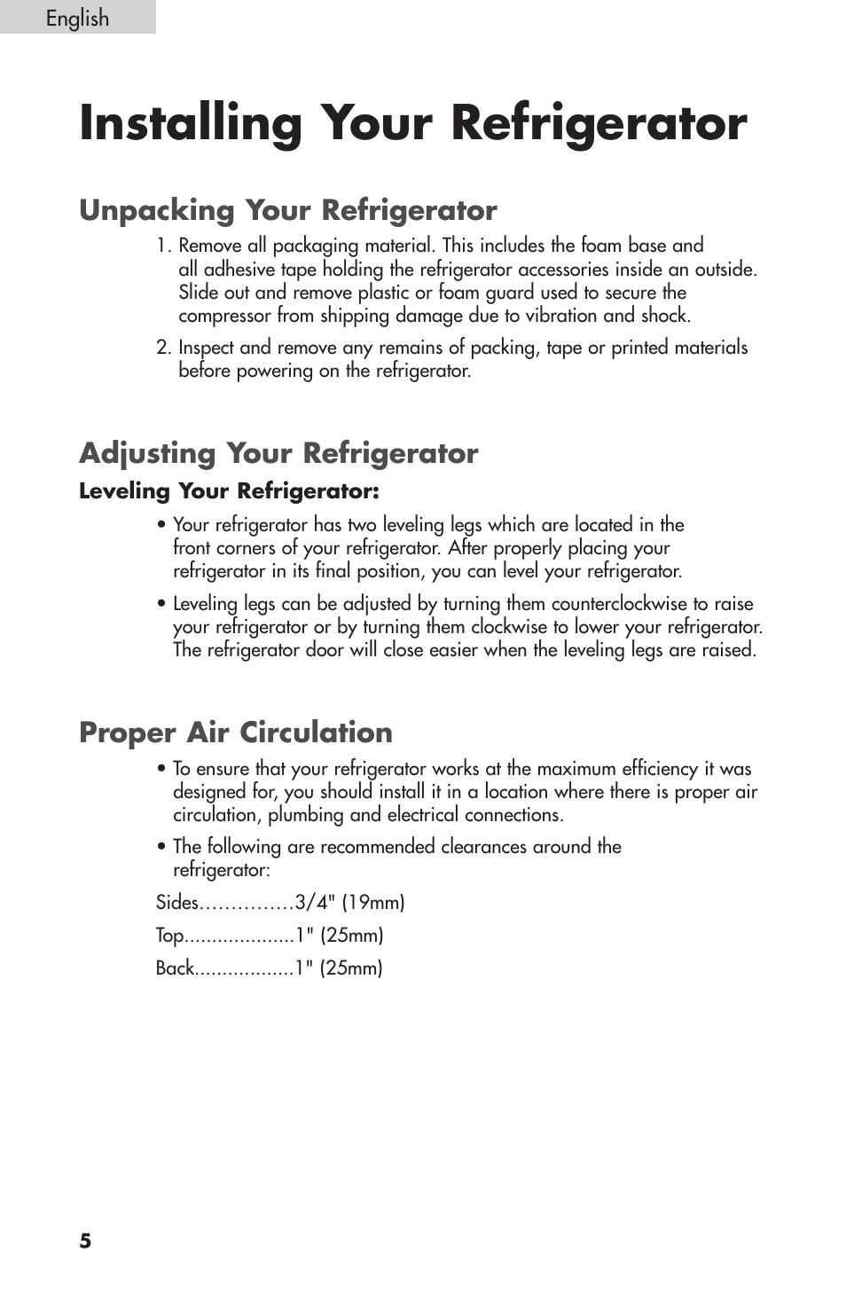 Installing your refrigerator, Unpacking your refrigerator, Adjusting your refrigerator | Proper air circulation | Summit FF1074 User Manual | Page 6 / 56