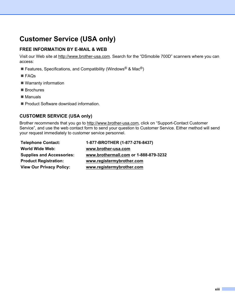 Customer service (usa only) | Brother 700D User Manual | Page 14 / 60