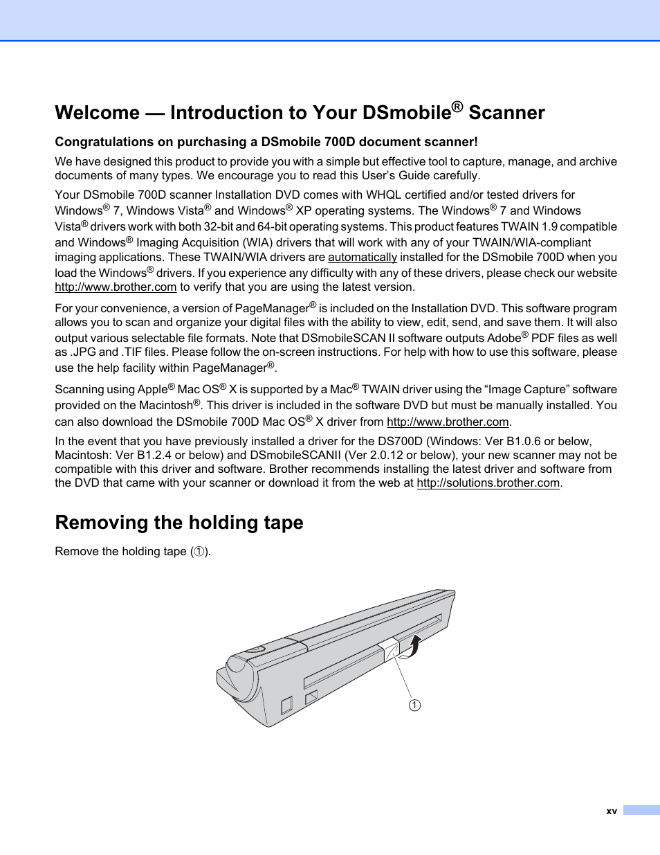 Welcome — introduction to your dsmobile® scanner, Removing the holding tape, Welcome — introduction to your dsmobile | Scanner | Brother 700D User Manual | Page 16 / 60