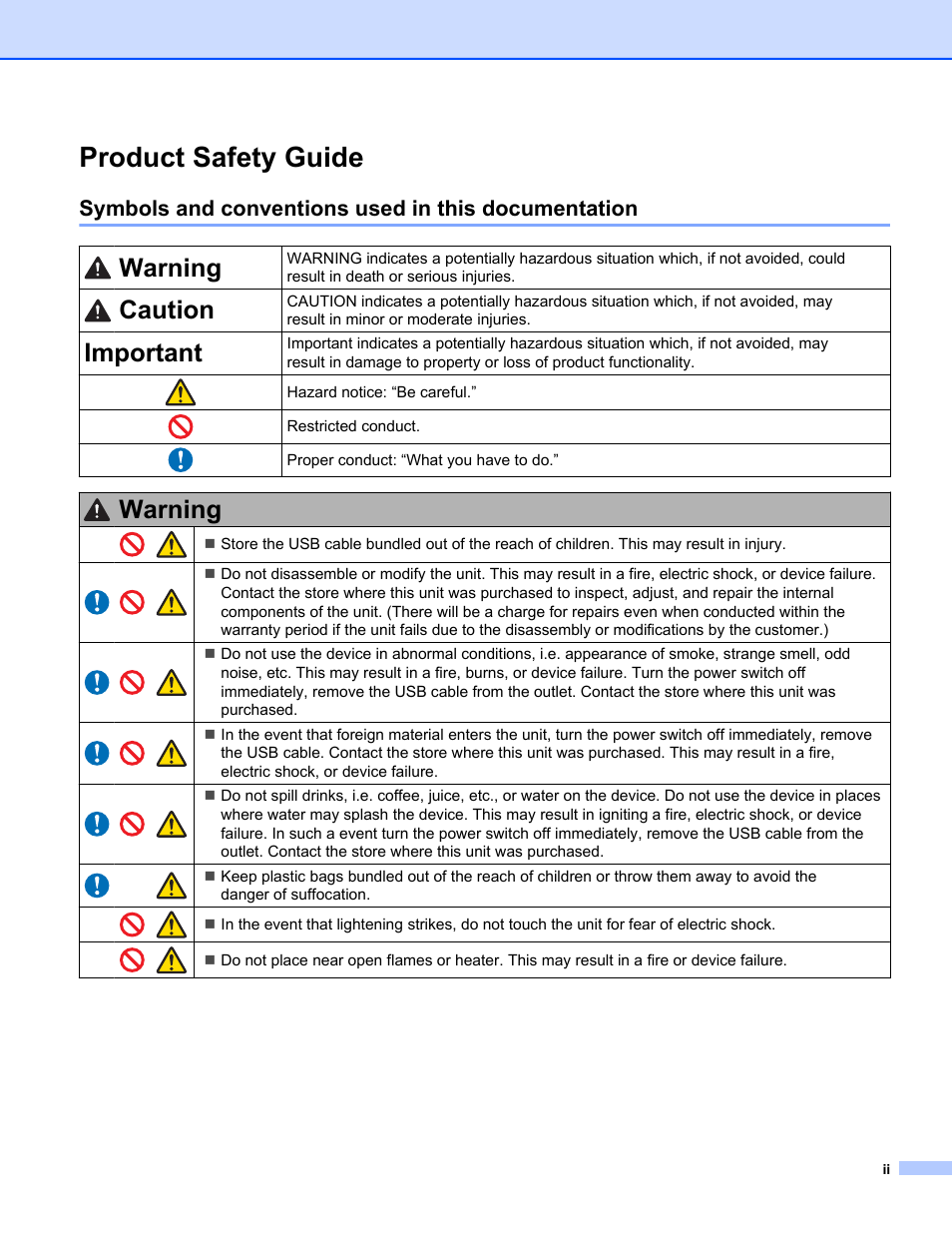 Product safety guide, Symbols and conventions used in this documentation, Warning | Caution, Important | Brother 700D User Manual | Page 3 / 60