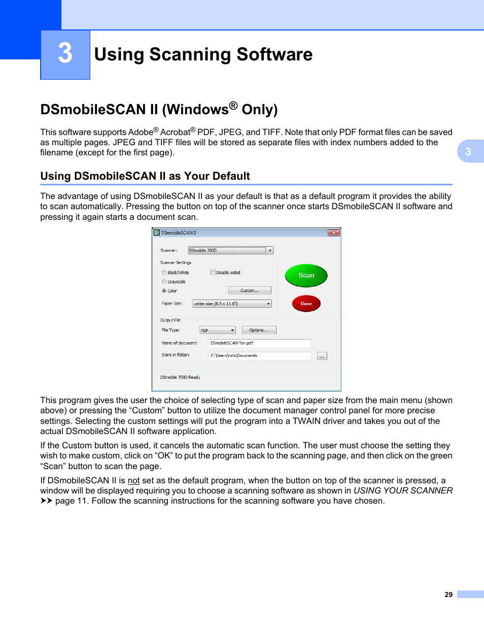 3 using scanning software, Dsmobilescan ii (windows® only), Using dsmobilescan ii as your default | Using scanning software, Dsmobilescan ii (windows, Only) | Brother 700D User Manual | Page 47 / 60