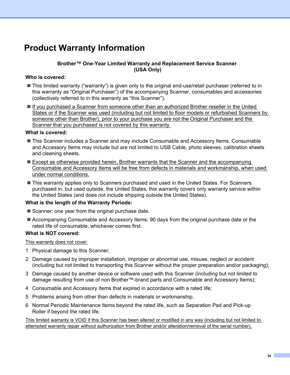 Product warranty information | Brother 700D User Manual | Page 5 / 60