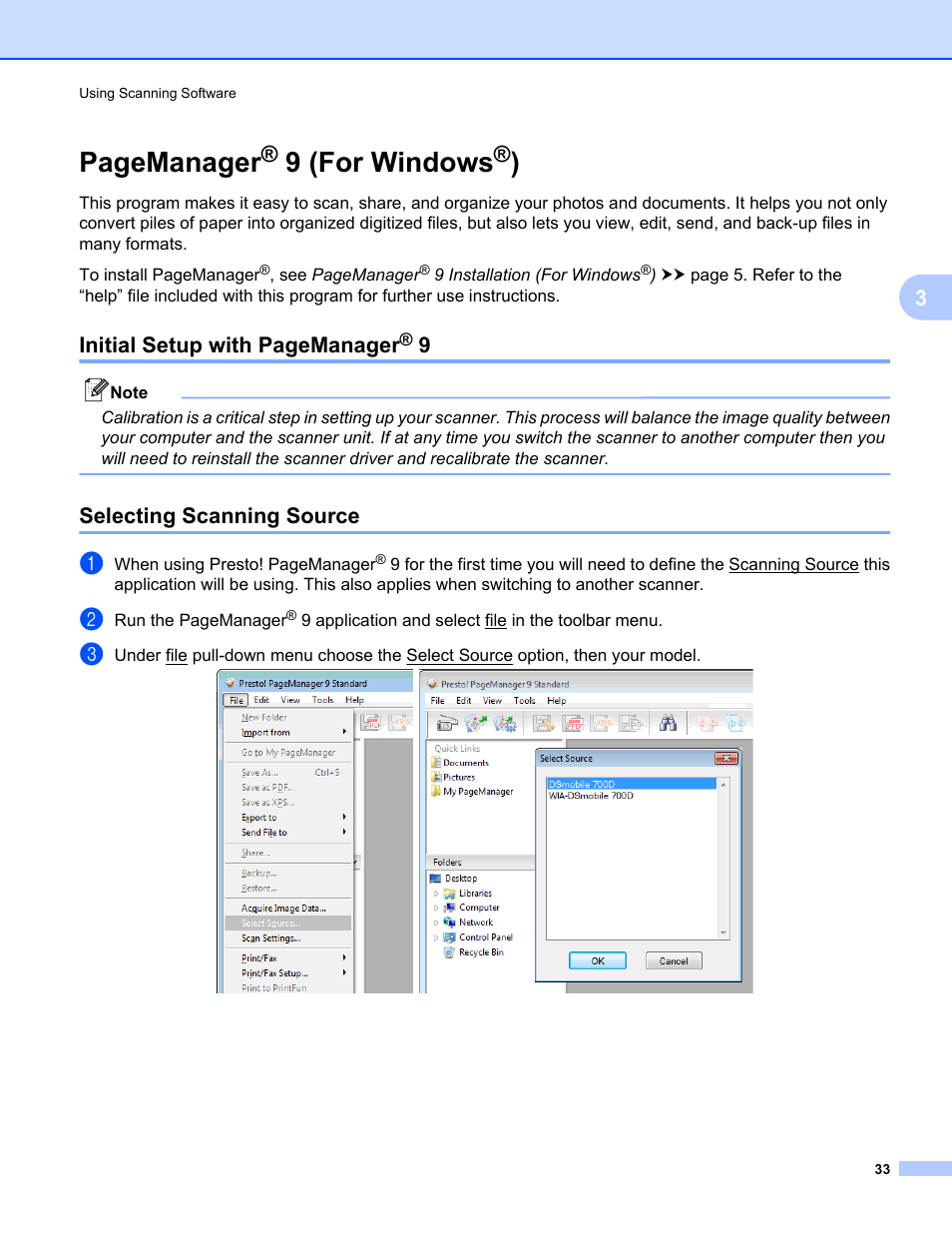 Selecting scanning source, 9 (for windows, Pagemanager | Brother 700D User Manual | Page 51 / 60