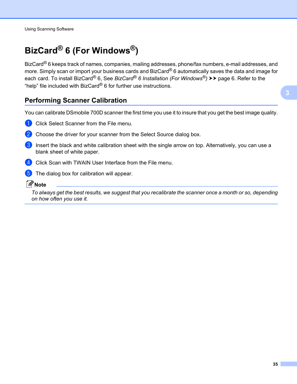 Bizcard® 6 (for windows®), Performing scanner calibration, Bizcard | 6 (for windows | Brother 700D User Manual | Page 53 / 60