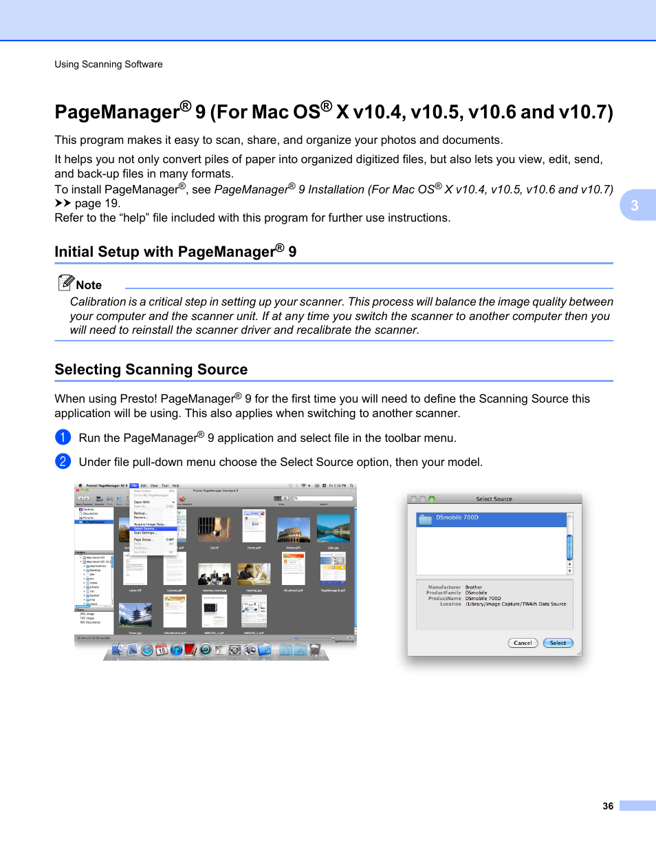 Selecting scanning source, 9 (for mac os, X v10.4, v10.5, v10.6 and v10.7) | Pagemanager, Initial setup with pagemanager | Brother 700D User Manual | Page 54 / 60