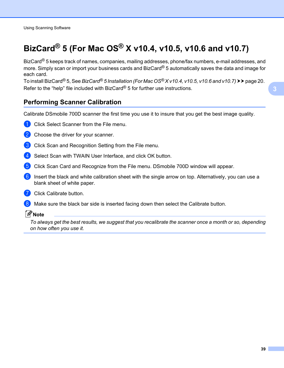 Performing scanner calibration, Bizcard, 5 (for mac os | X v10.4, v10.5, v10.6 and v10.7) | Brother 700D User Manual | Page 57 / 60