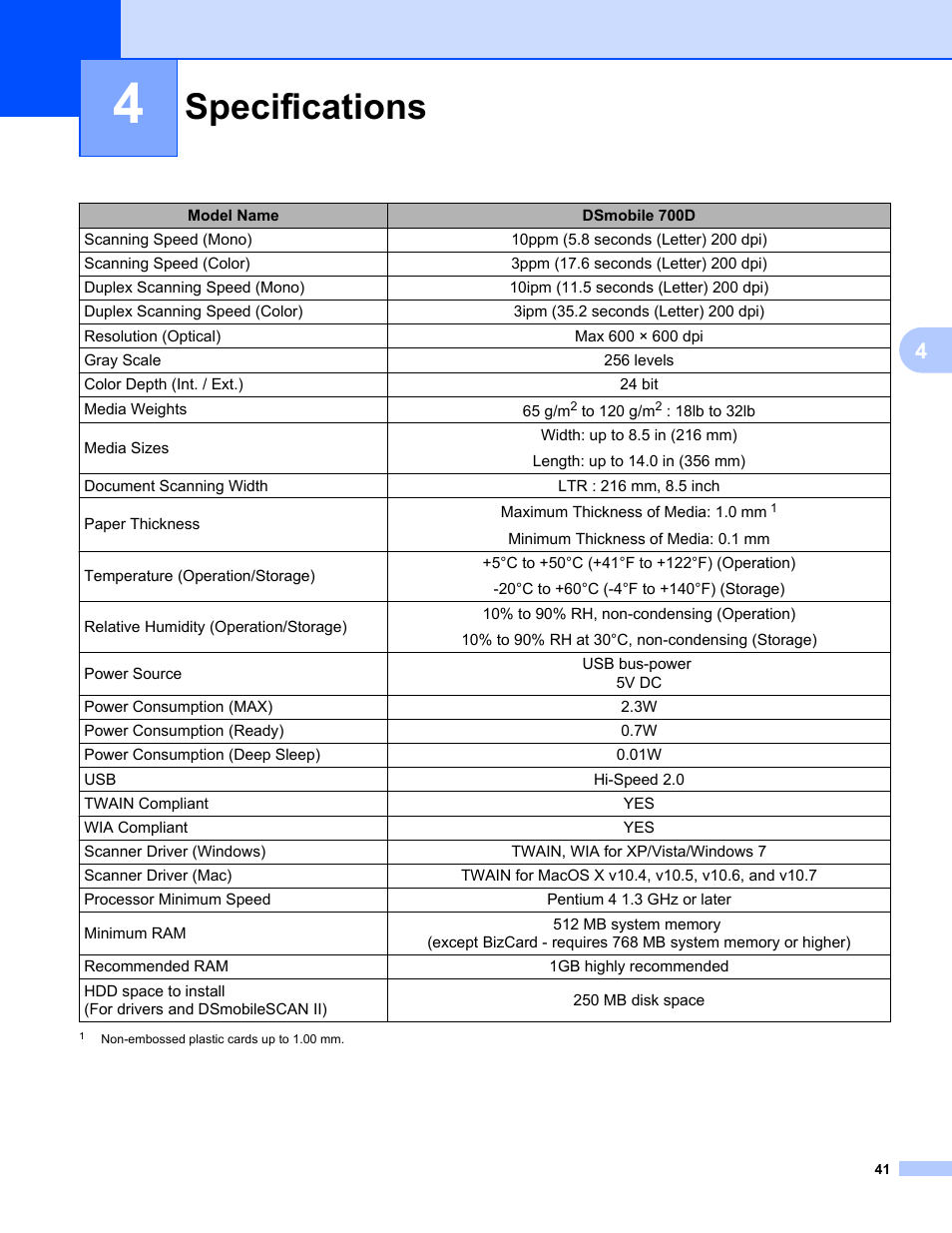 4 specifications, Specifications | Brother 700D User Manual | Page 59 / 60