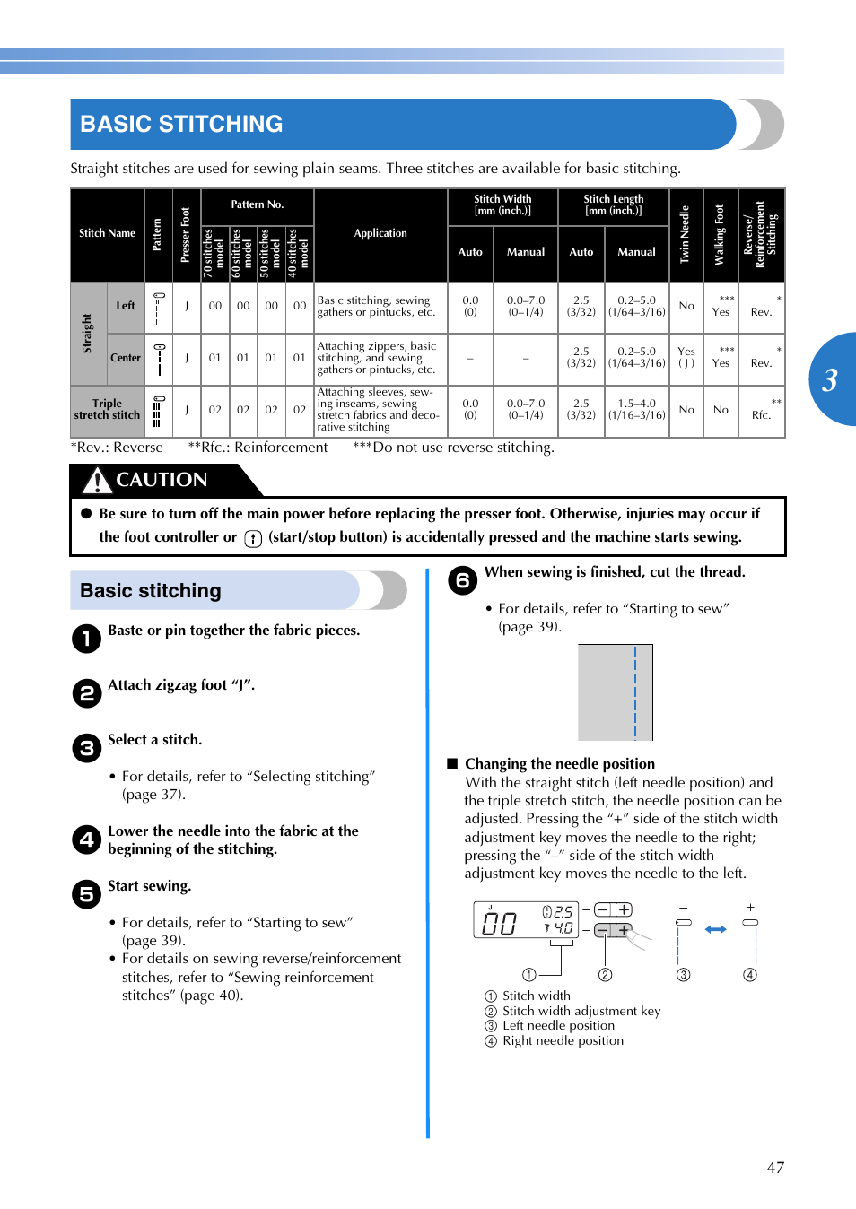 Basic stitching, Caution | Brother V61 User Manual | Page 49 / 100