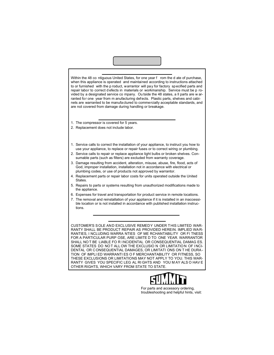 Warranty | Summit SPRF26 User Manual | Page 12 / 12