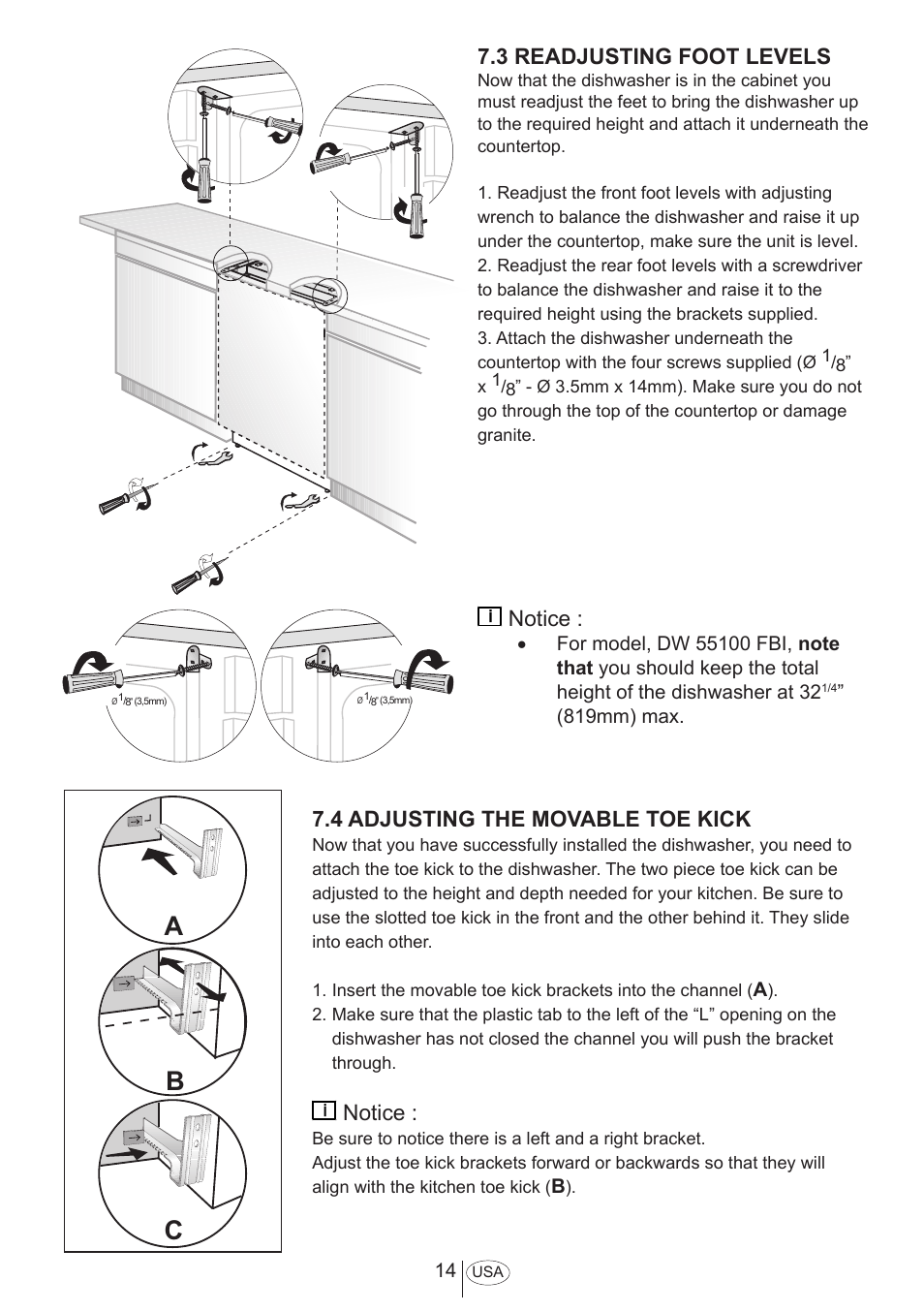 Ab c, 3 readjusting foot levels, 4 adjusting the movable toe kick | Notice | Summit DW18 Installation Manual User Manual | Page 17 / 25