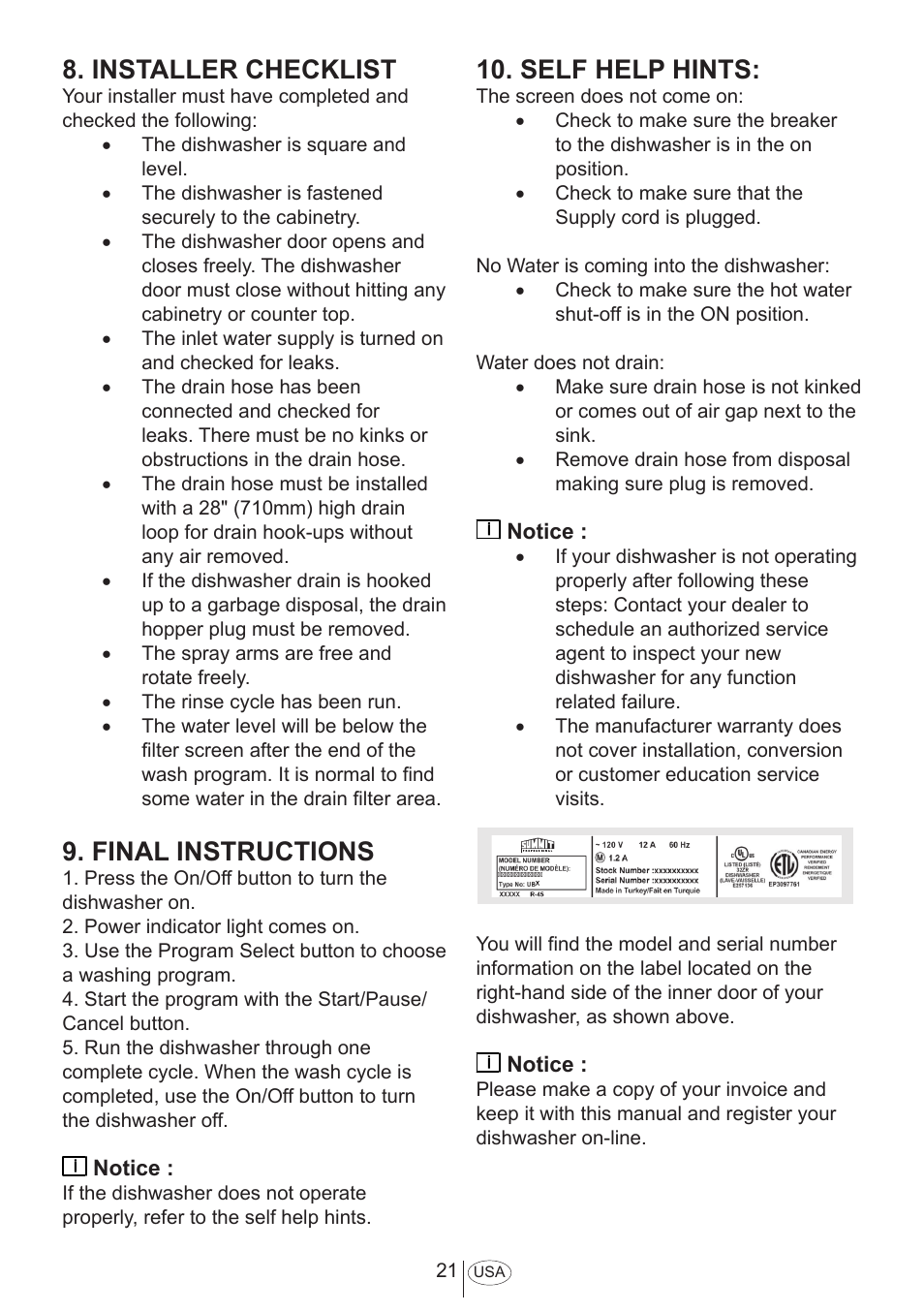 Installer checklist, Final instructions, Self help hints | Summit DW18 Installation Manual User Manual | Page 24 / 25