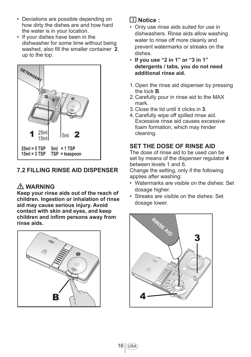 B4 3, 2 filling rinse aid dispenser warning, Notice | Set the dose of rinse aid | Summit DW18 User Manual User Manual | Page 18 / 32