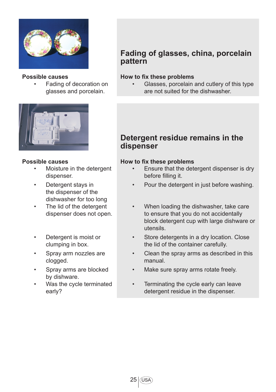 Fading of glasses, china, porcelain pattern, Detergent residue remains in the dispenser | Summit DW18 User Manual User Manual | Page 27 / 32