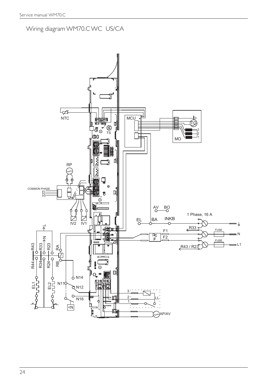 Wiring diagram wm70.c wc us/ca, El inkb ba, S1 s5 s4 | Circuit diagram wm70.c wc us/ca, Mo mcu, Av bo, R43 / r23 l, Iv2 iv1 ntc f, El2 f rp, Ap/av ll | Summit WMC64P Service Manual User Manual | Page 24 / 38