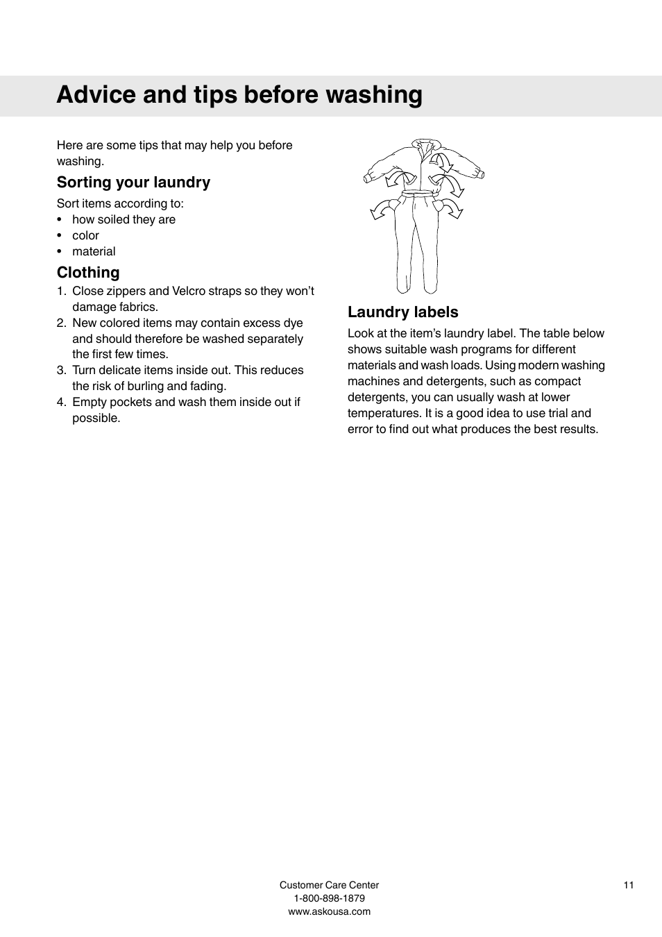 Advice and tips before washing, Sorting your laundry, Clothing | Laundry labels | Summit WMC64P User  Manual User Manual | Page 11 / 36