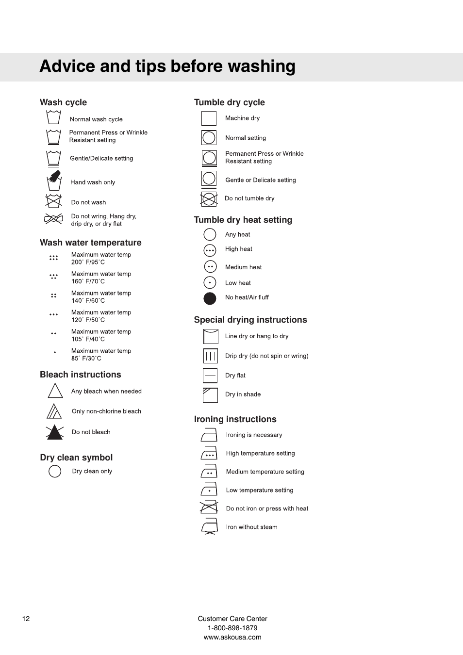 Advice and tips before washing | Summit WMC64P User  Manual User Manual | Page 12 / 36