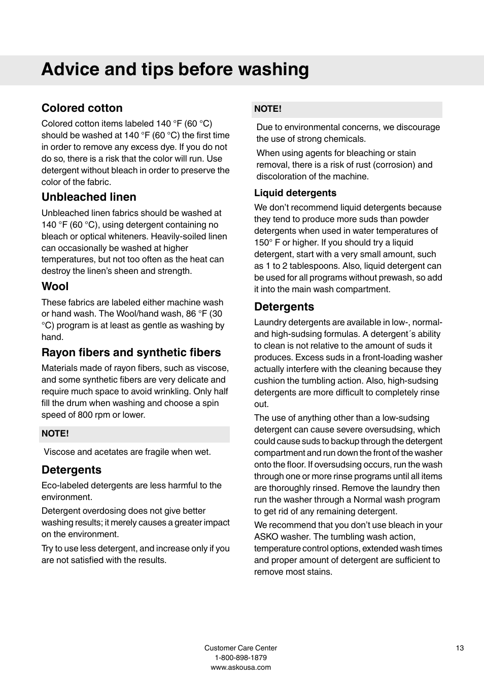 Colored cotton, Unbleached linen, Wool | Rayon fibers and synthetic fibers, Detergents, Liquid detergents, Advice and tips before washing | Summit WMC64P User  Manual User Manual | Page 13 / 36