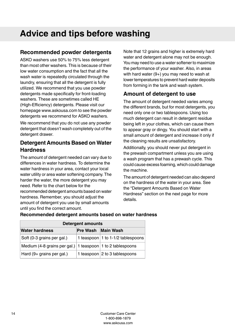 Advice and tips before washing, Recommended powder detergents, Detergent amounts based on water hardness | Amount of detergent to use | Summit WMC64P User  Manual User Manual | Page 14 / 36