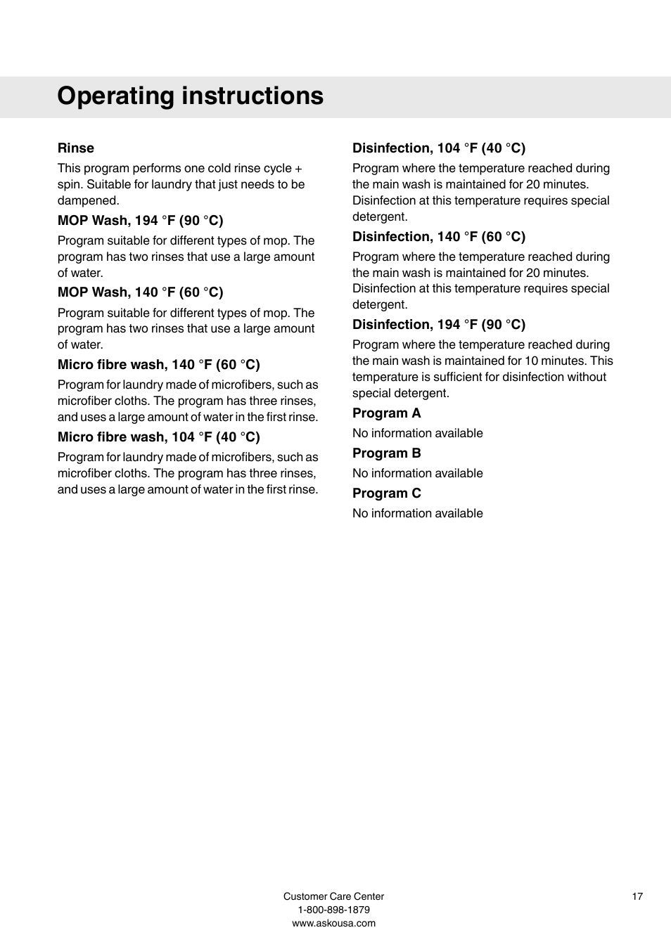 Program chart, Operating instructions | Summit WMC64P User  Manual User Manual | Page 17 / 36