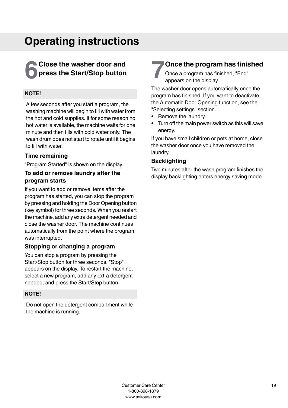 Close the washer door and press the button, Time remaining, To add or remove laundry after the program starts | Stopping or changing a program, Once the program has finished, Backlighting, Operating instructions | Summit WMC64P User  Manual User Manual | Page 19 / 36