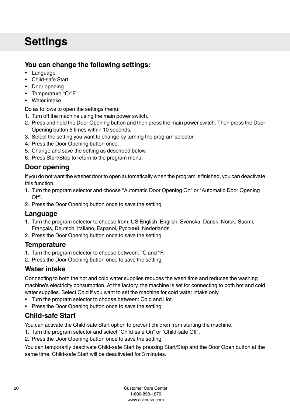 Settings, You can change the following settings, Door opening | Language, Temperature, Water intake, Child-safe start | Summit WMC64P User  Manual User Manual | Page 20 / 36
