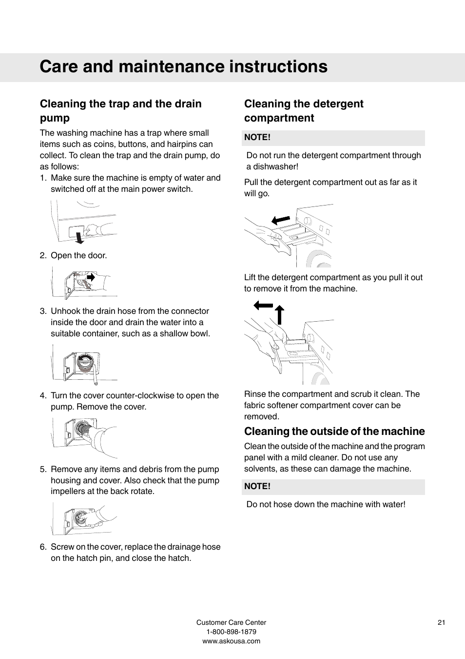 Care and maintenance instructions, Cleaning the trap and the drain pump, Cleaning the detergent compartment | Cleaning the outside of the machine | Summit WMC64P User  Manual User Manual | Page 21 / 36