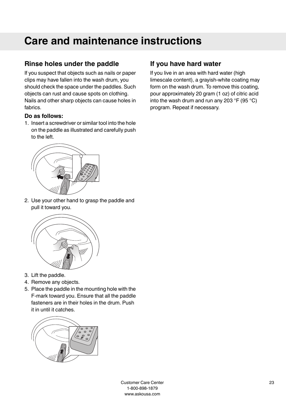 Rinse holes under the paddle, Do as follows, If you have hard water | Care and maintenance instructions | Summit WMC64P User  Manual User Manual | Page 23 / 36