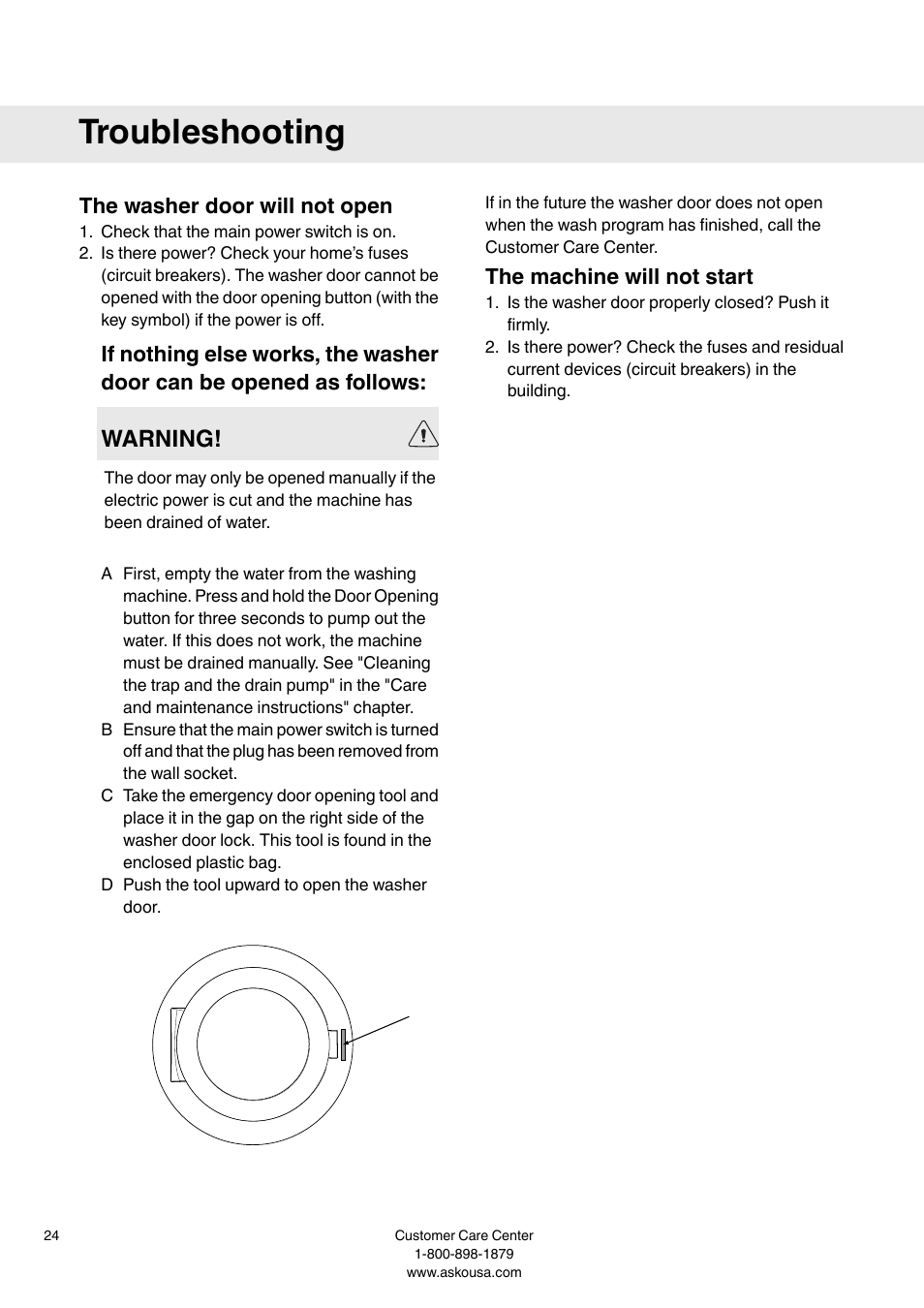 Troubleshooting, The washer door will not open, The machine will not start | Warning | Summit WMC64P User  Manual User Manual | Page 24 / 36