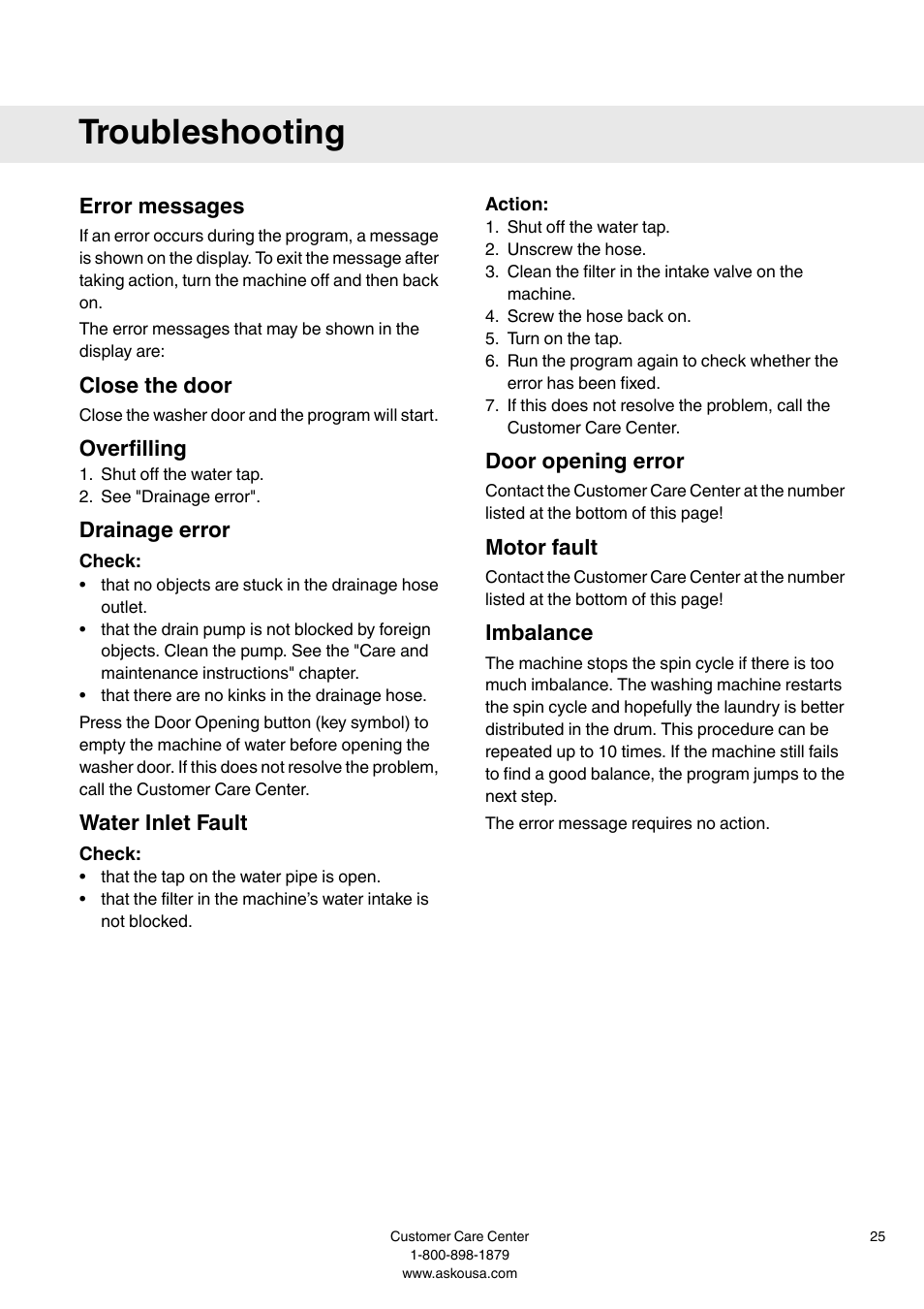Error messages, Check, Action | Troubleshooting, Close the door, Overfilling, Drainage error, Water inlet fault, Door opening error, Motor fault | Summit WMC64P User  Manual User Manual | Page 25 / 36