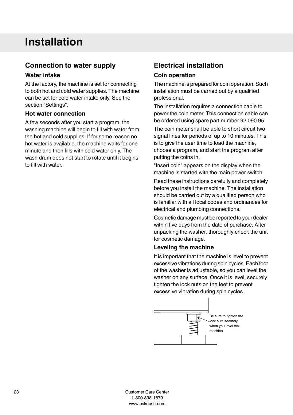 Installation, Connection to water supply, Water intake | Hot water connection, Electrical installation, Coin operation, Leveling the machine | Summit WMC64P User  Manual User Manual | Page 28 / 36