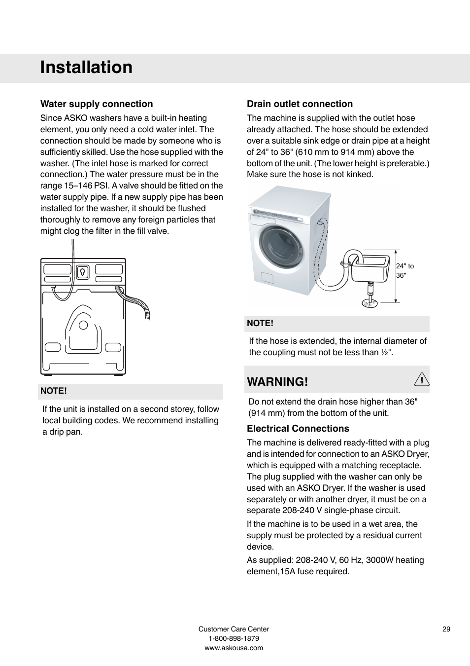 Water supply connection, Drain outlet connection, Electrical connections | Installation, Warning | Summit WMC64P User  Manual User Manual | Page 29 / 36