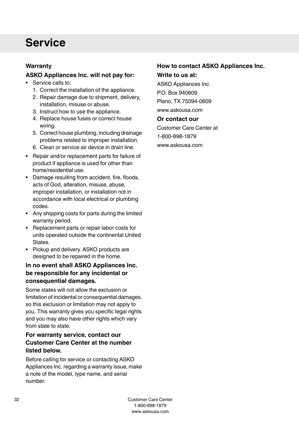 Warranty, Asko appliances inc. will not pay for, How to contact asko appliances inc | Write to us at, Or contact our, Service | Summit WMC64P User  Manual User Manual | Page 32 / 36