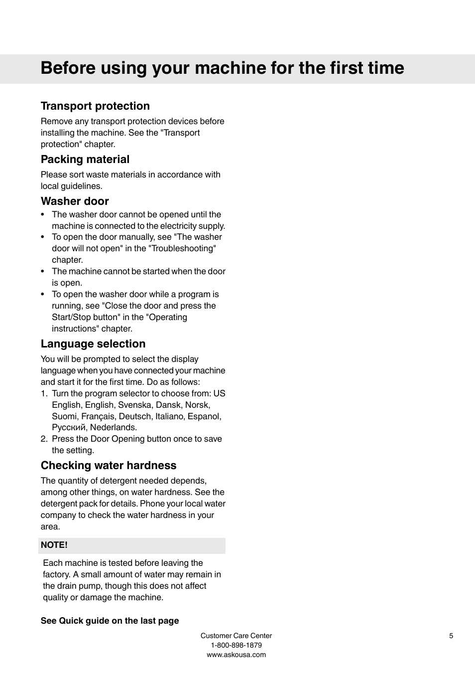 Transport protection, Packing material, Washer door | Language selection, Checking water hardness, Before using your machine for the first time | Summit WMC64P User  Manual User Manual | Page 5 / 36