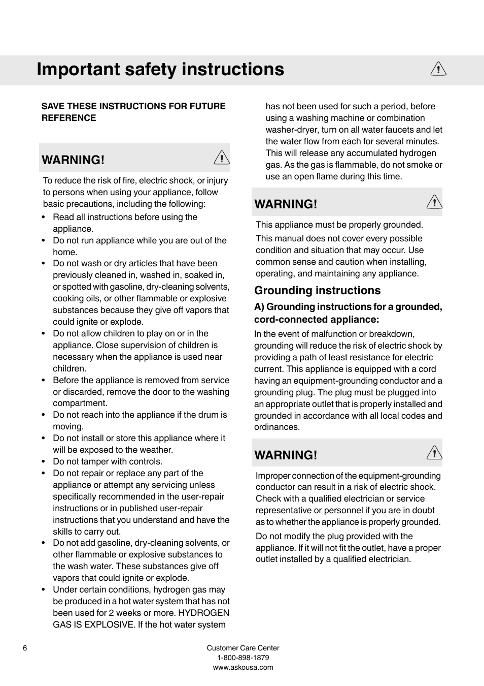 Important safety instructions, Grounding instructions, Warning | Summit WMC64P User  Manual User Manual | Page 6 / 36