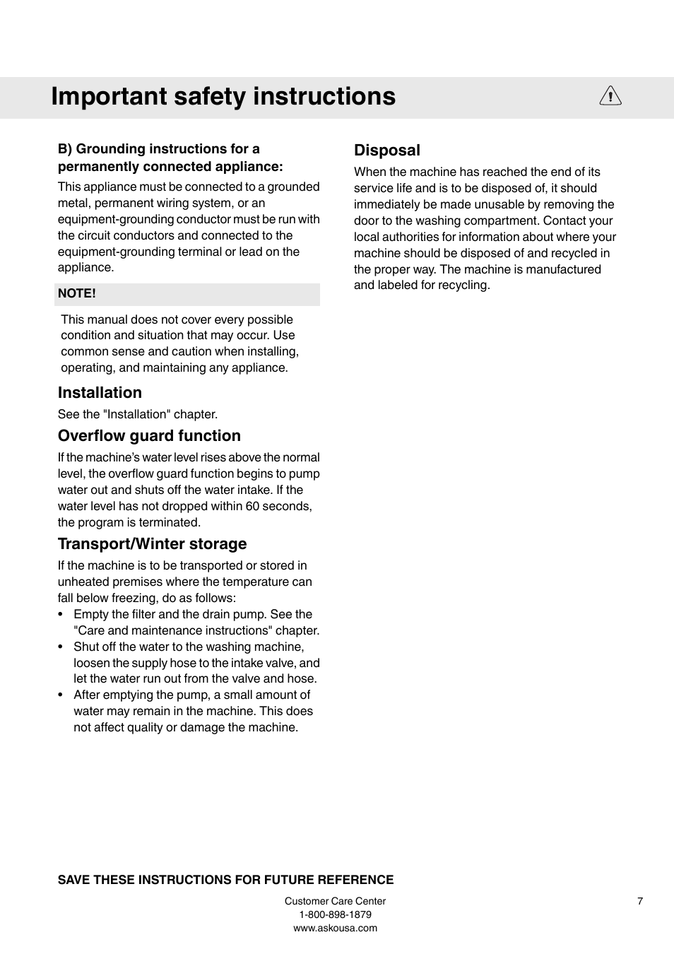Installation, Overflow guard function, Transport/winter storage | Disposal, Important safety instructions | Summit WMC64P User  Manual User Manual | Page 7 / 36