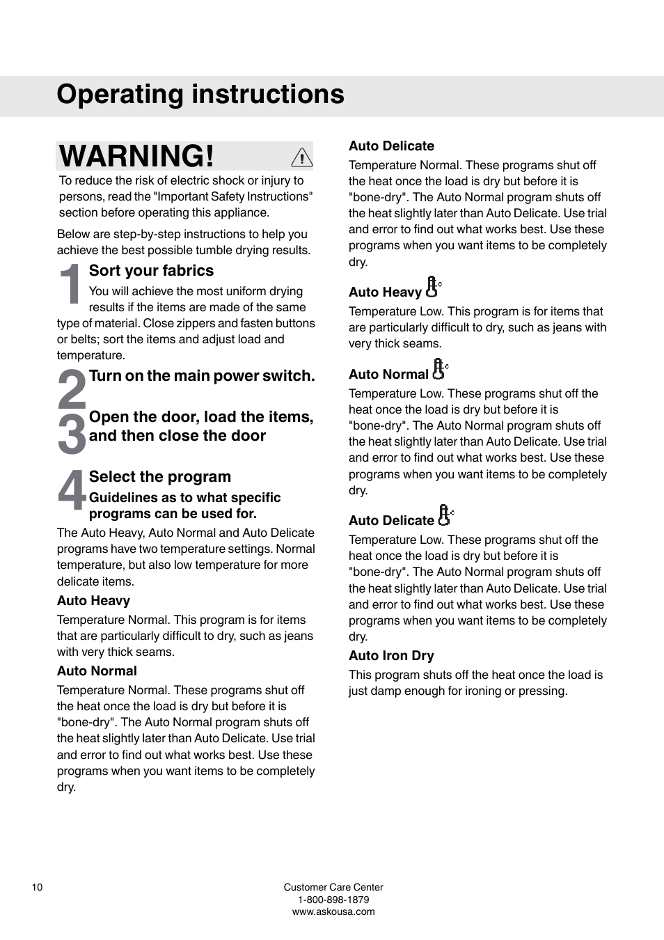 Operating instructions, Sort your fabrics, Turn on the main power switch | Select the program, Program chart, Warning | Summit TDC111V User  Manual User Manual | Page 10 / 32