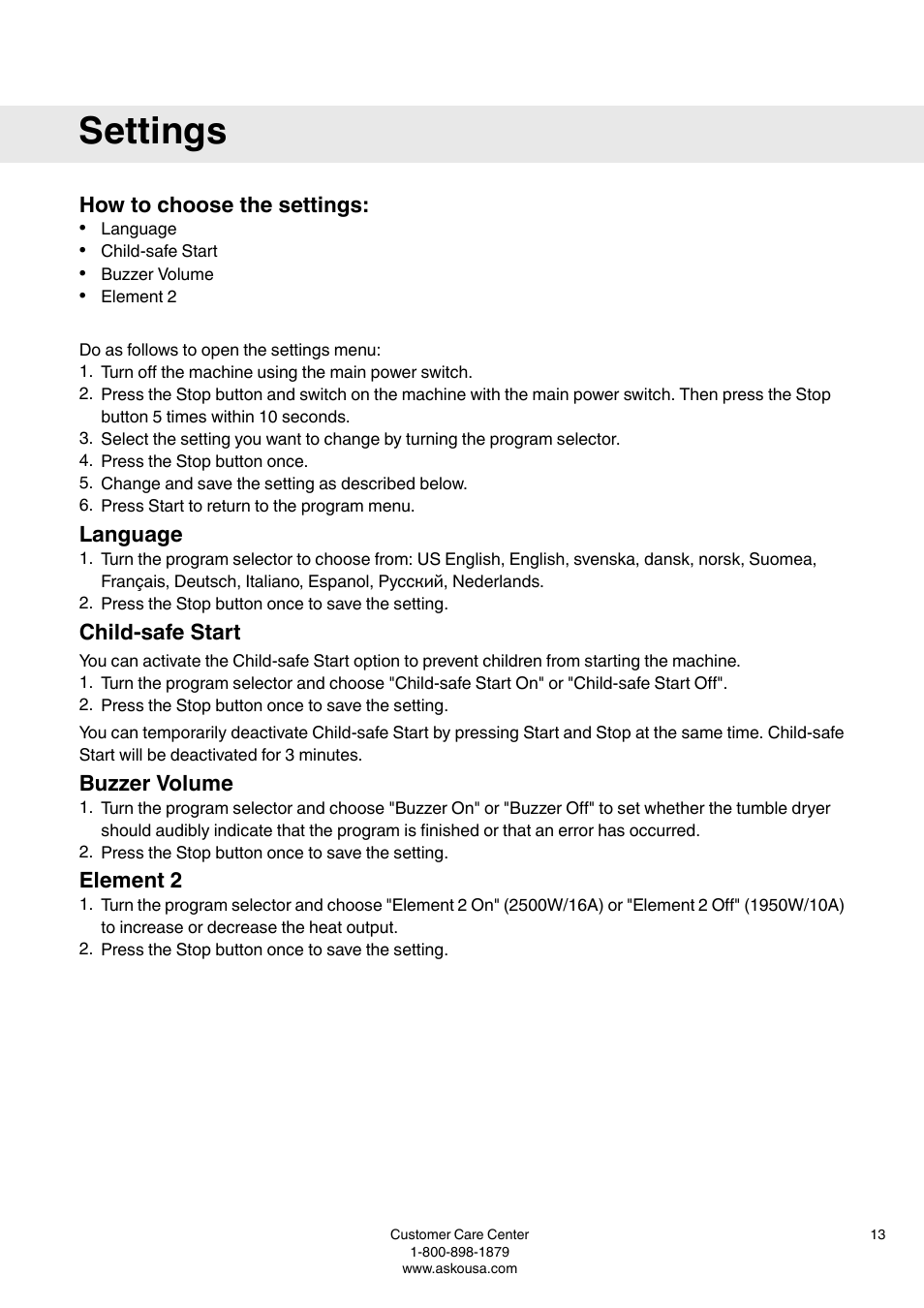 Settings, How to choose the settings, Language | Child-safe start, Buzzer volume, Element 2 | Summit TDC111V User  Manual User Manual | Page 13 / 32