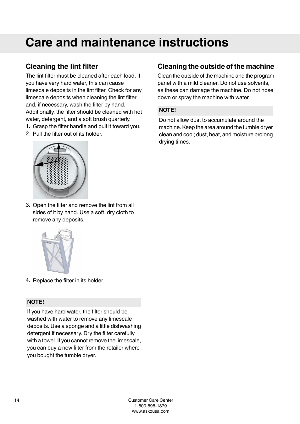 Care and maintenance instructions, Cleaning the lint filter, Cleaning the outside of the machine | Summit TDC111V User  Manual User Manual | Page 14 / 32