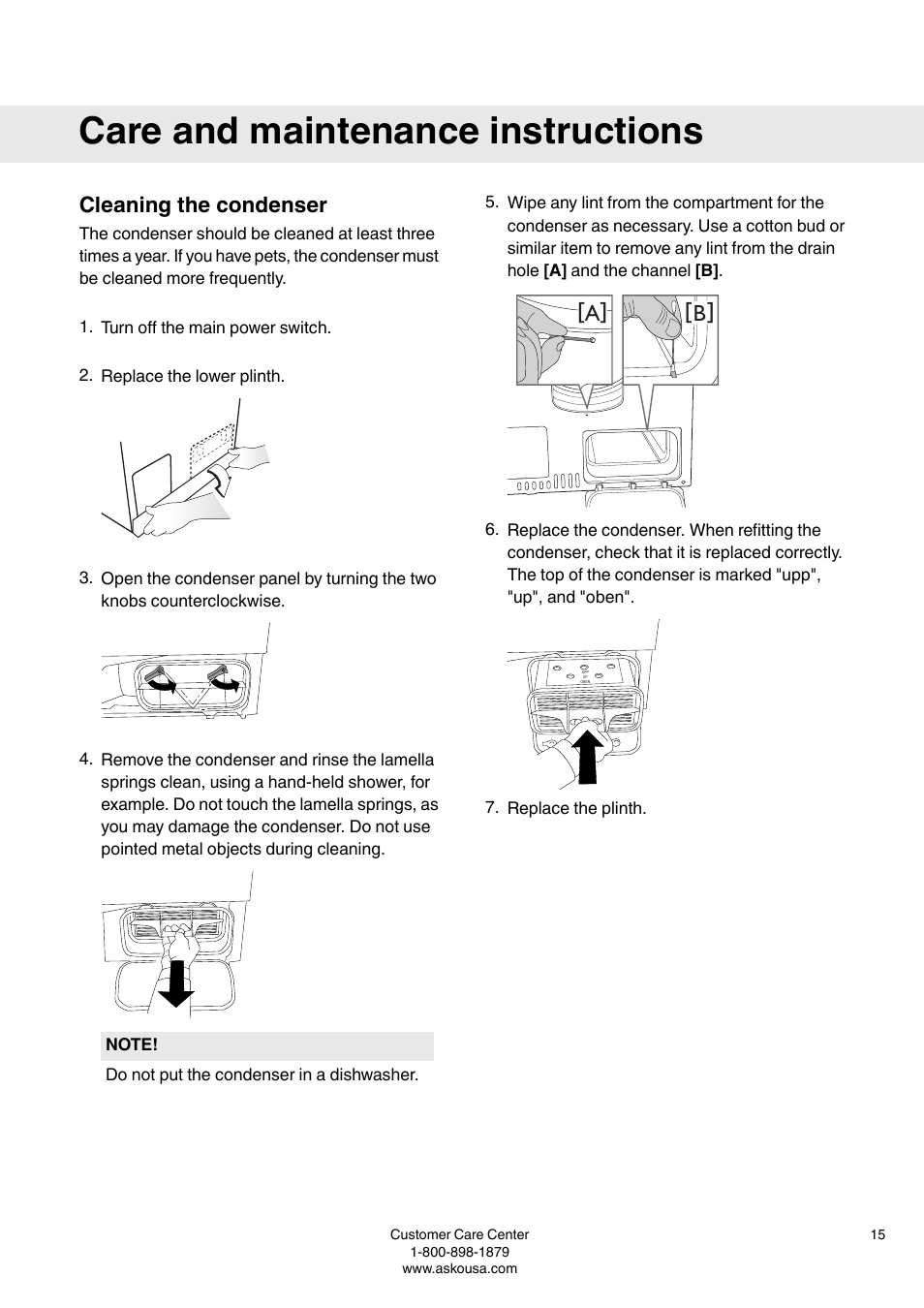 Cleaning the condenser, Care and maintenance instructions, A [ ] b | Summit TDC111V User  Manual User Manual | Page 15 / 32