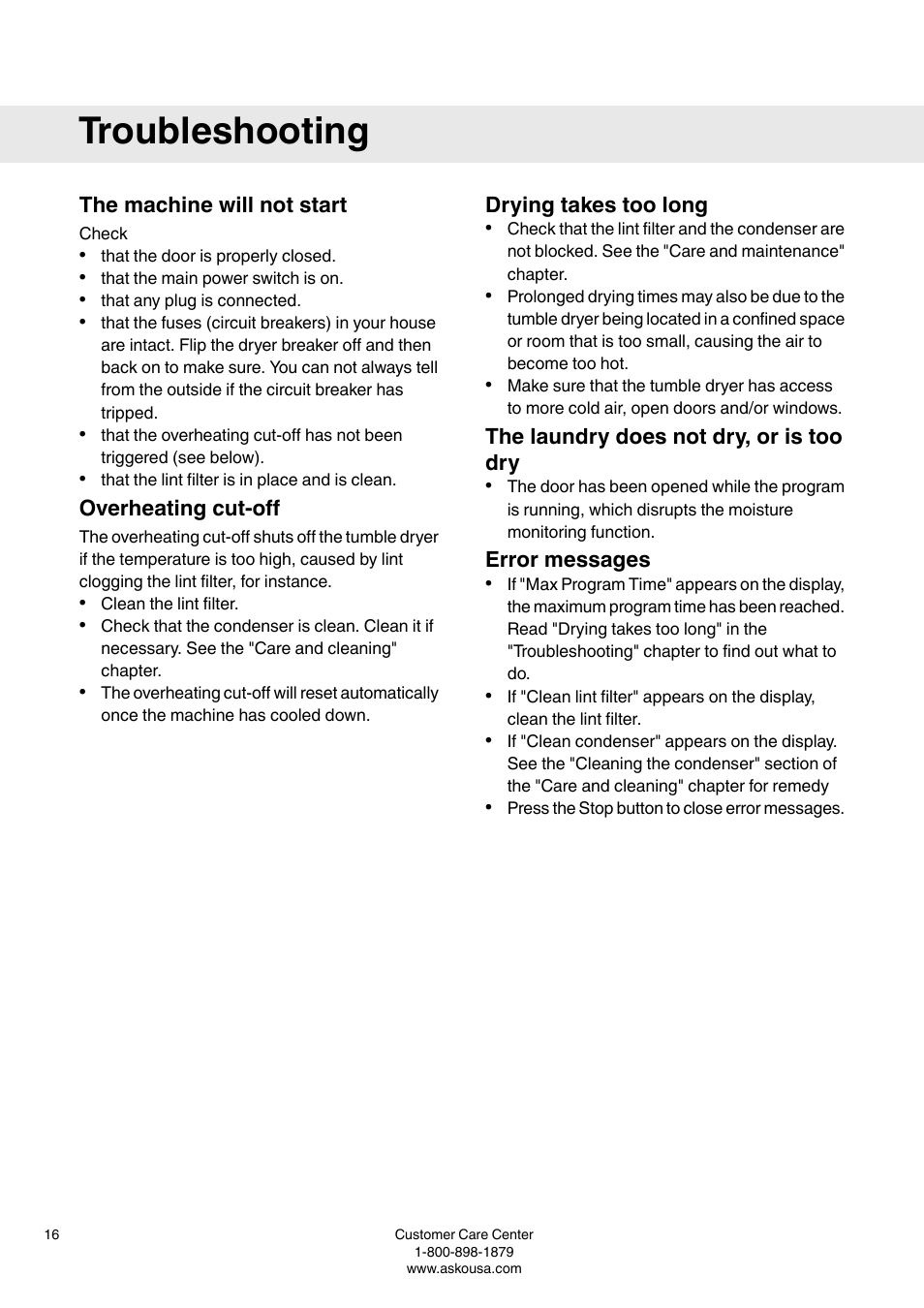 Troubleshooting, The machine will not start, Overheating cut-off | Drying takes too long, The laundry does not dry, or is too dry, Error messages | Summit TDC111V User  Manual User Manual | Page 16 / 32