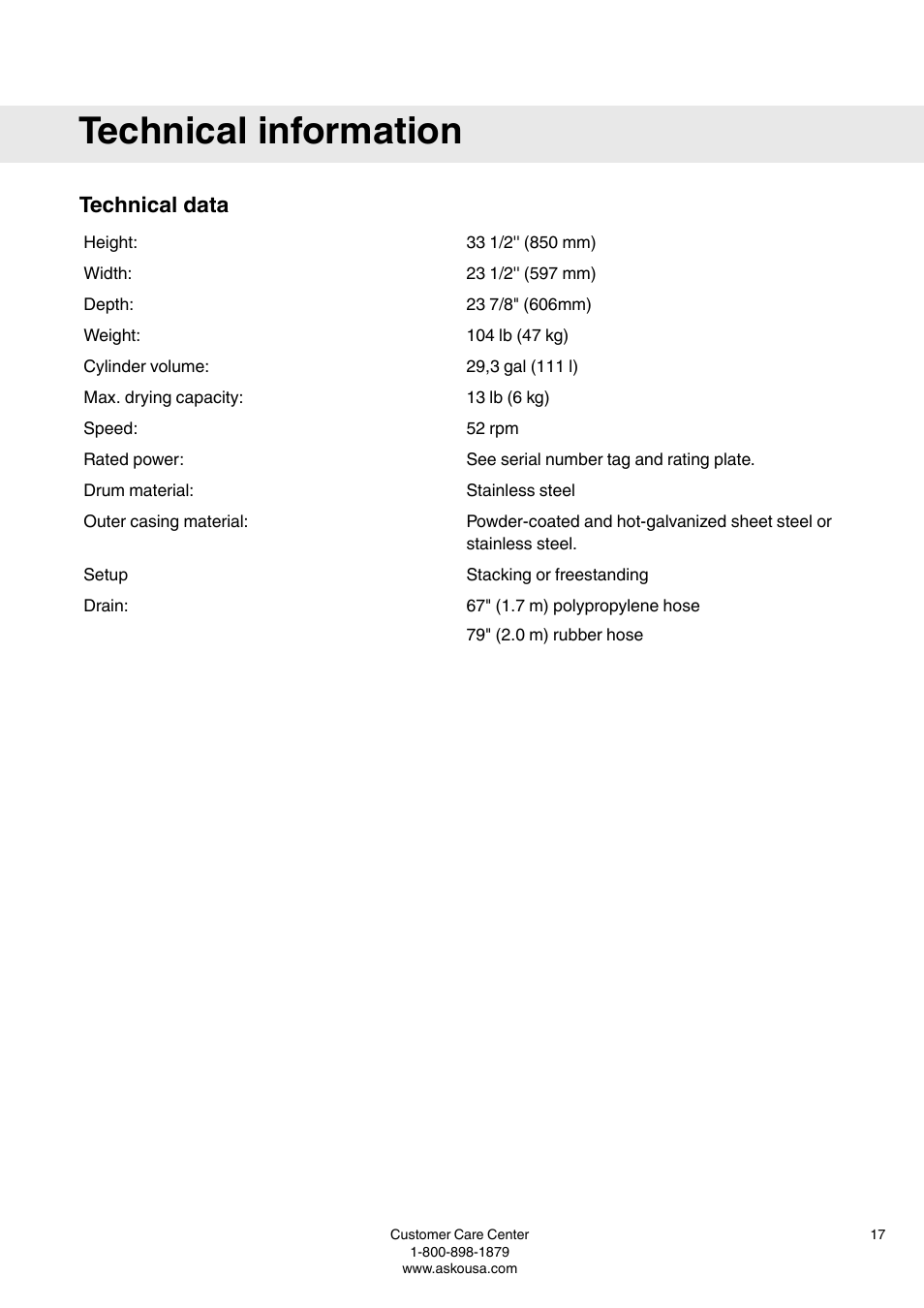 Technical information, Technical data | Summit TDC111V User  Manual User Manual | Page 17 / 32