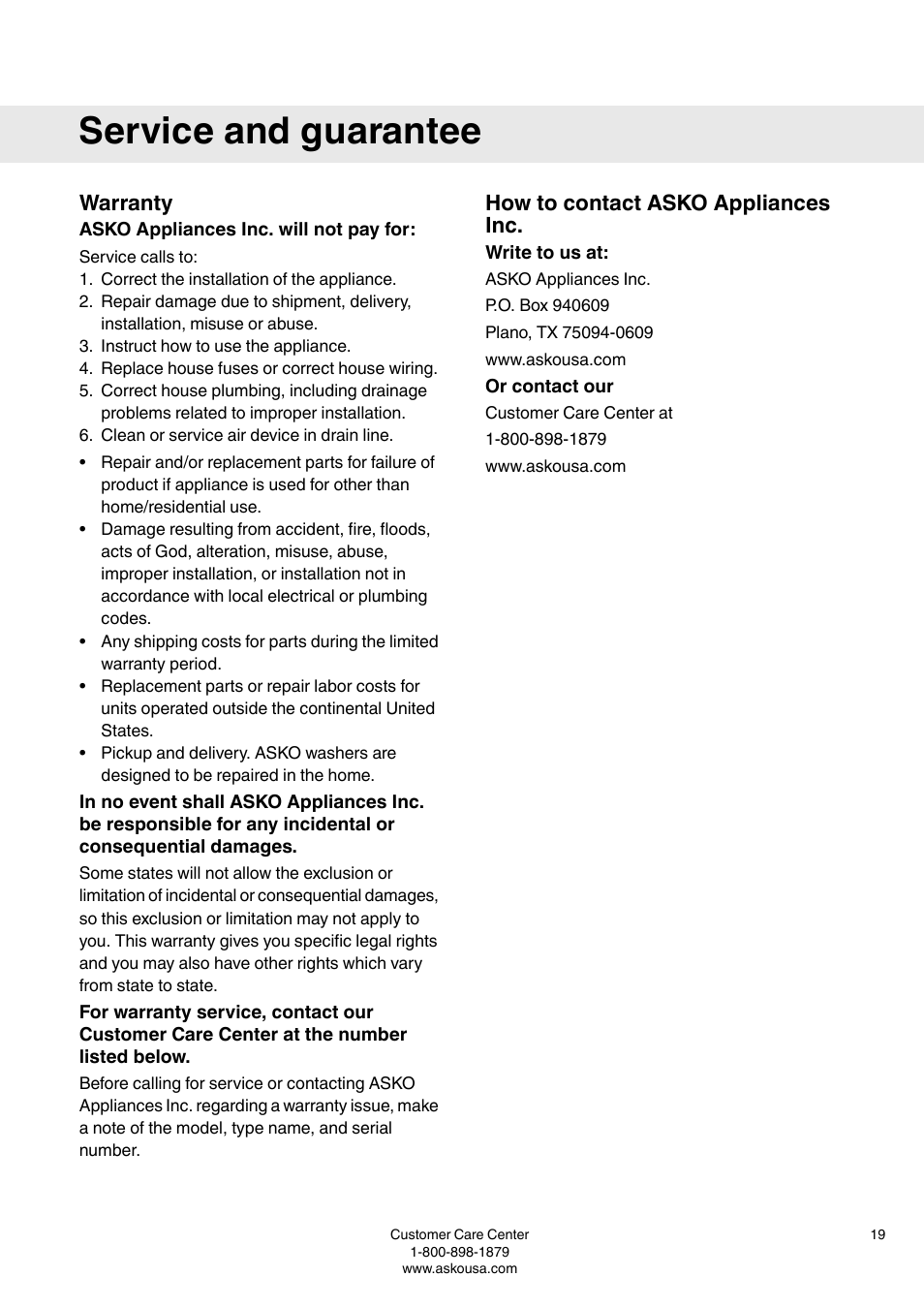 Warranty, Asko appliances inc. will not pay for, How to contact asko appliances inc | Write to us at, Or contact our, Service and guarantee | Summit TDC111V User  Manual User Manual | Page 19 / 32