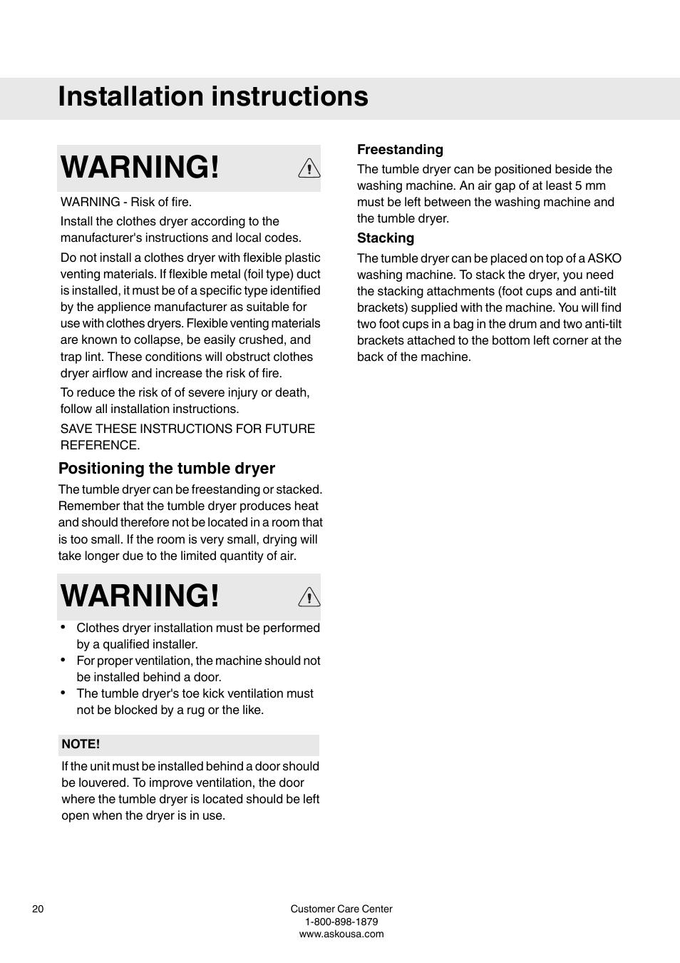 Installation instructions, Positioning the tumble dryer, Freestanding | Stacking, Warning | Summit TDC111V User  Manual User Manual | Page 20 / 32