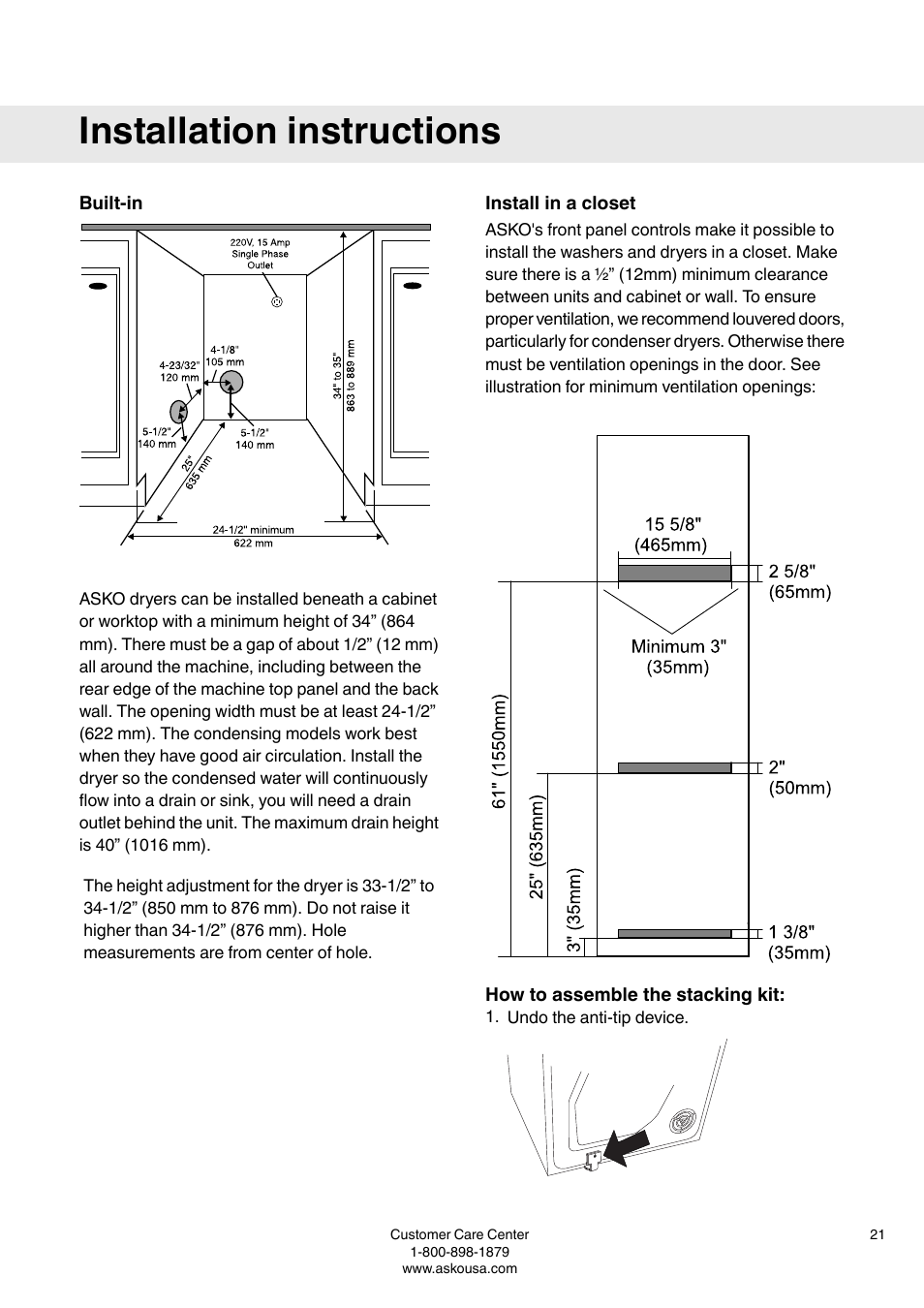 Built-in, Install in a closet, How to assemble the stacking kit | Installation instructions | Summit TDC111V User  Manual User Manual | Page 21 / 32