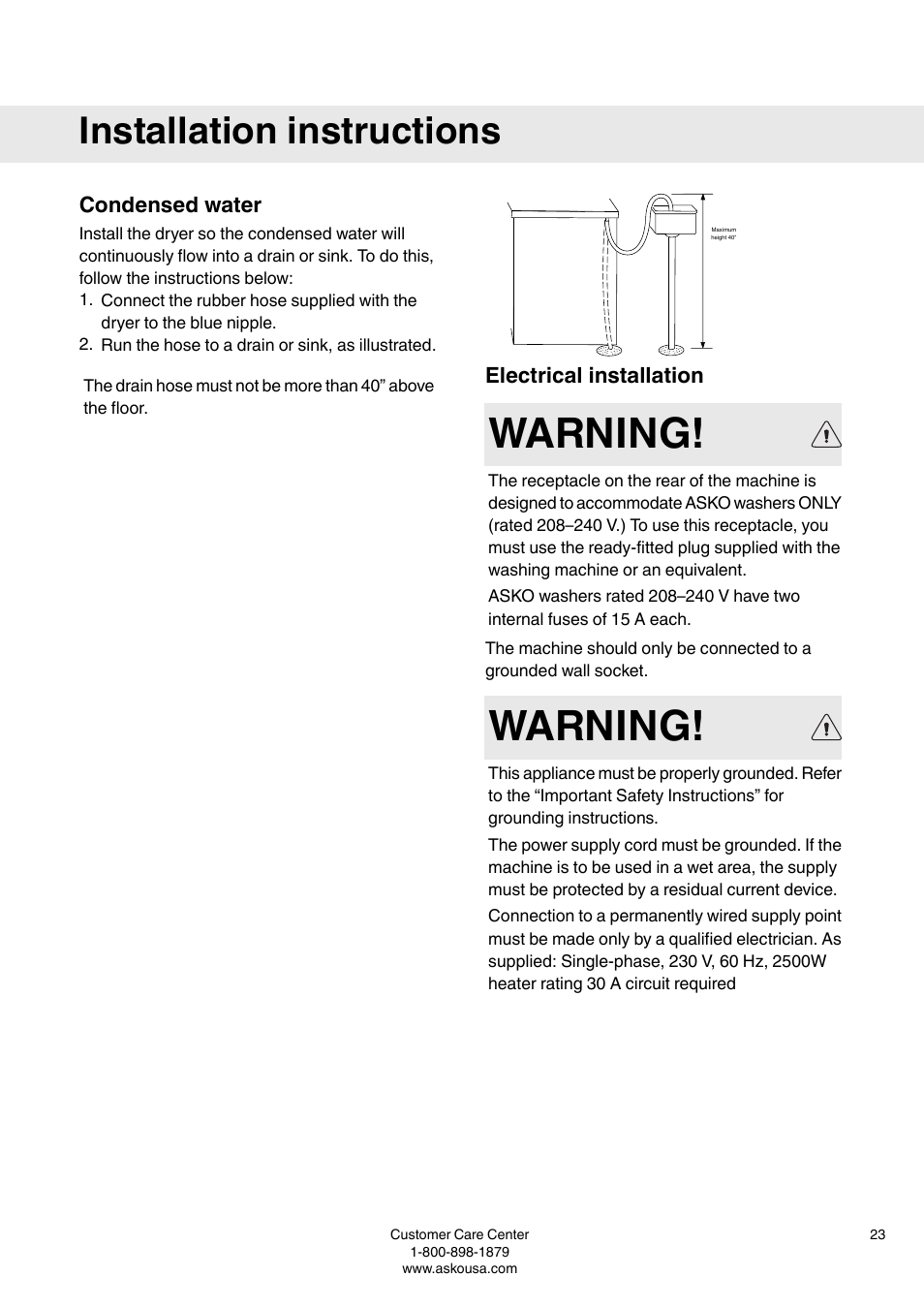 Condensed water, Electrical installation, Warning | Installation instructions | Summit TDC111V User  Manual User Manual | Page 23 / 32