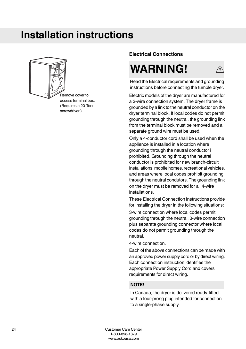 Electrical connections, Warning, Installation instructions | Summit TDC111V User  Manual User Manual | Page 24 / 32