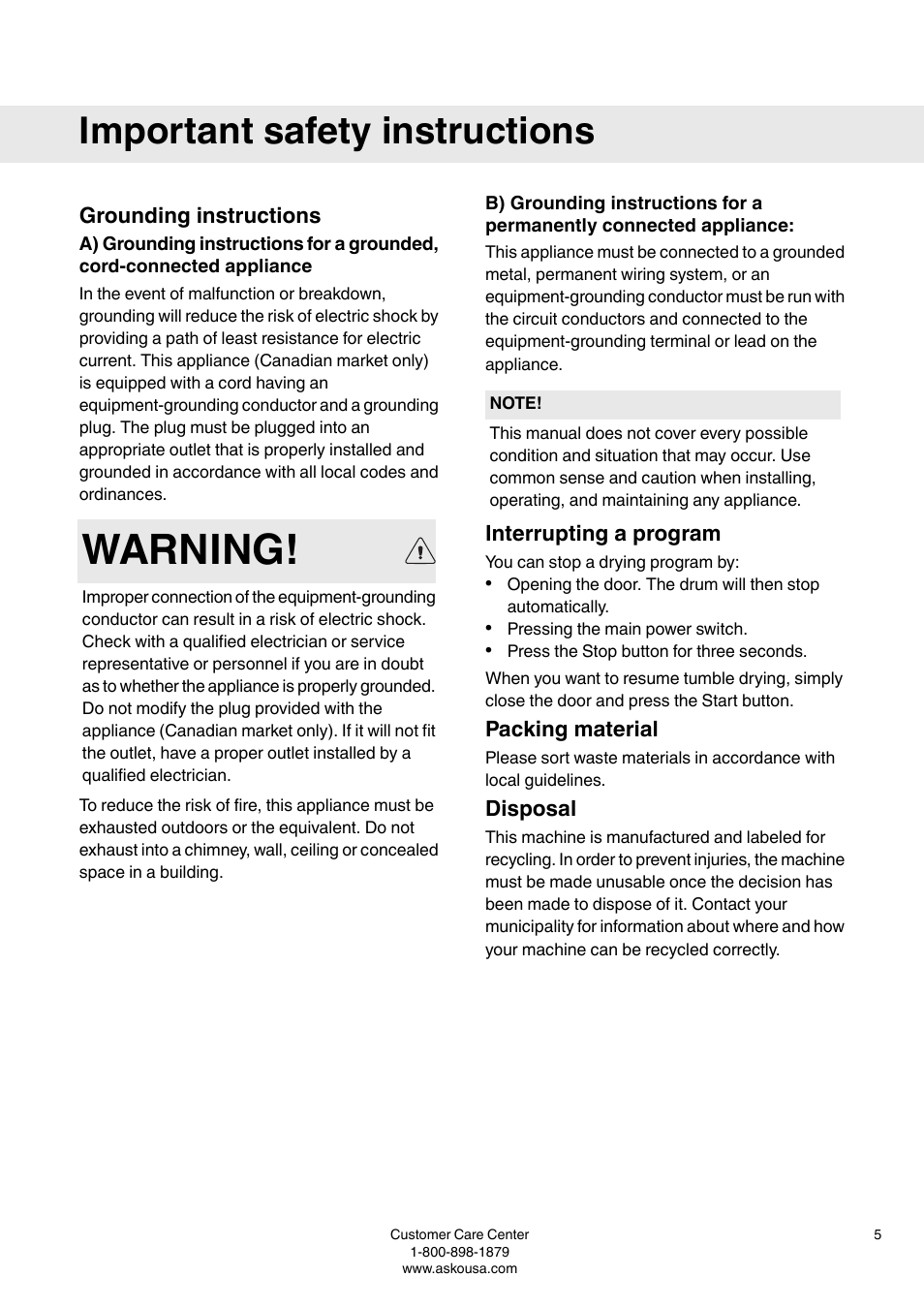 Grounding instructions, Interrupting a program, Packing material | Disposal, Warning, Important safety instructions | Summit TDC111V User  Manual User Manual | Page 5 / 32