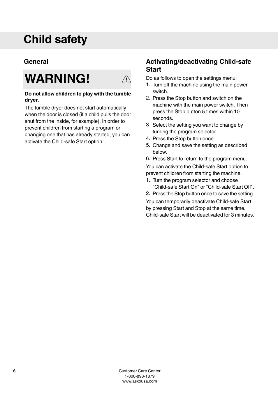 Child safety, General, Activating/deactivating child-safe start | Warning | Summit TDC111V User  Manual User Manual | Page 6 / 32